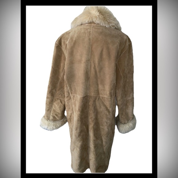 Vintage 90s Y2K Wilsons Leather Tan Faux Fur Trim Long Penny Lane Coat Size XL - Picture 3 of 14